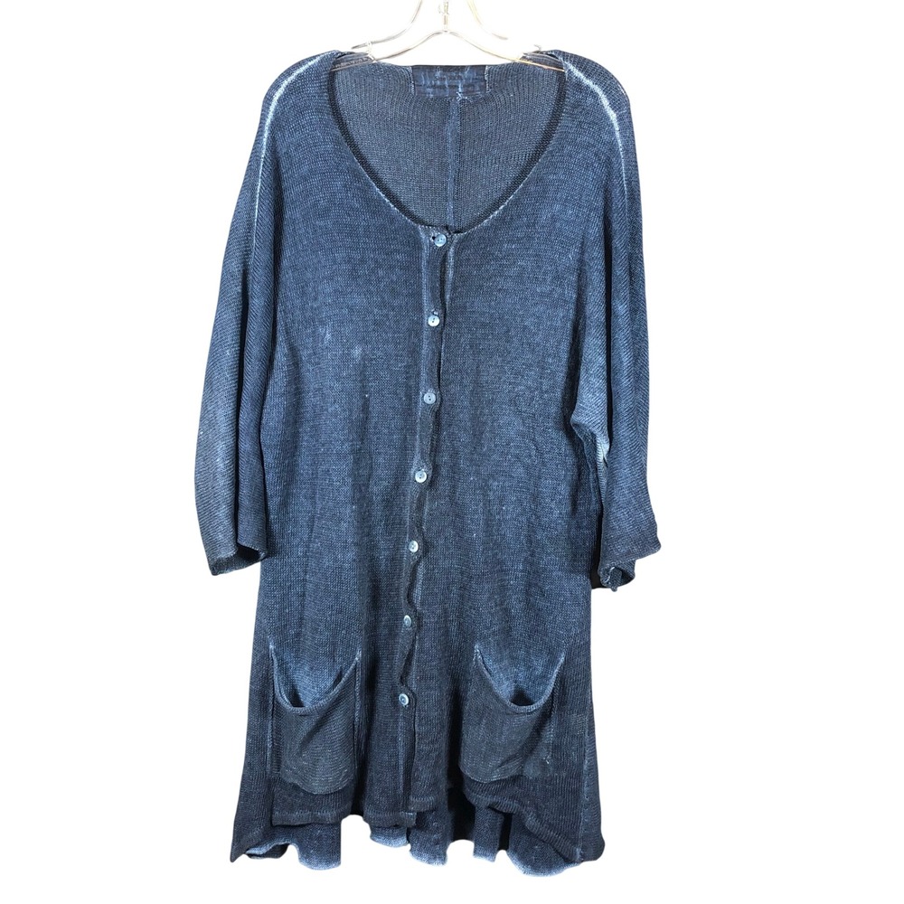 Grizas Womens XXXL Blue Linen Longline Cardigan A Line Washed Indigo